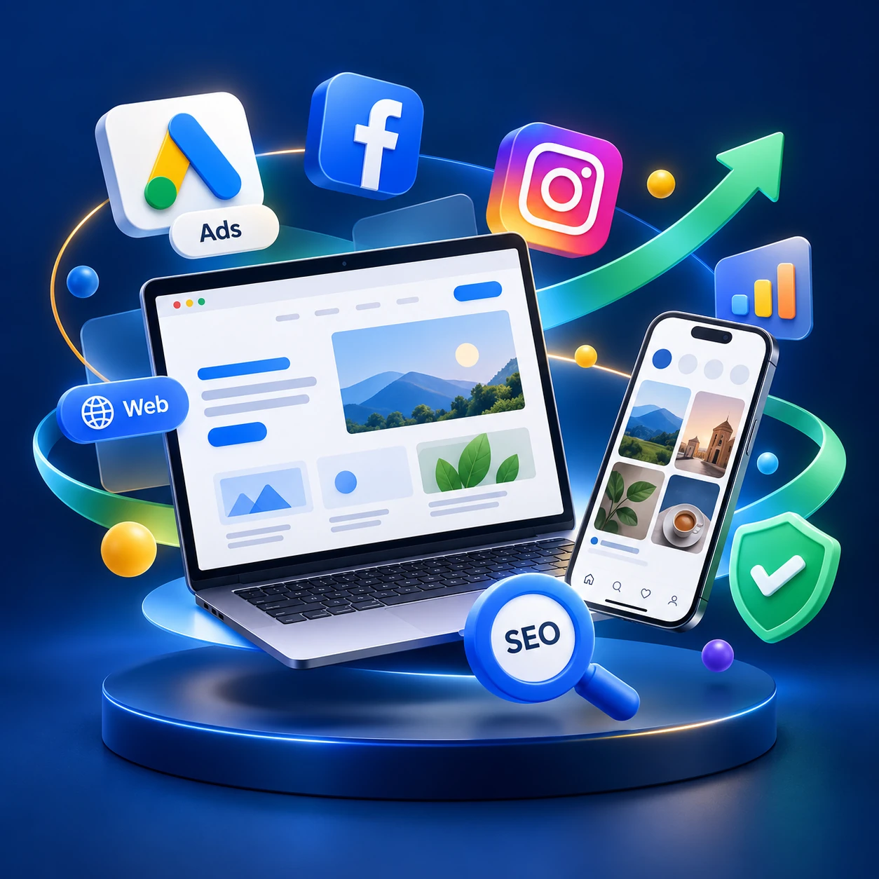 Digital marketing illustration combining Google Ads, Facebook, Instagram, website development, SEO and account support